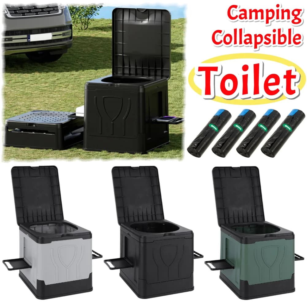WC Portatile Pieghevole con Portarotolo e Coperchio, Toilette d'Emergenza Riutilizzabile per Campeggio, Viaggi, Auto, Camper e Uso di Emergenza