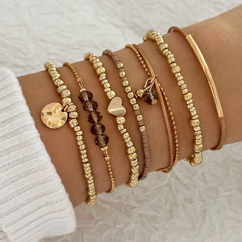 Bohemian Heart Round Bead Pendant Bracelet Set CCB Elastic Adjustable String Bracelets Fashion Jewelry For Women