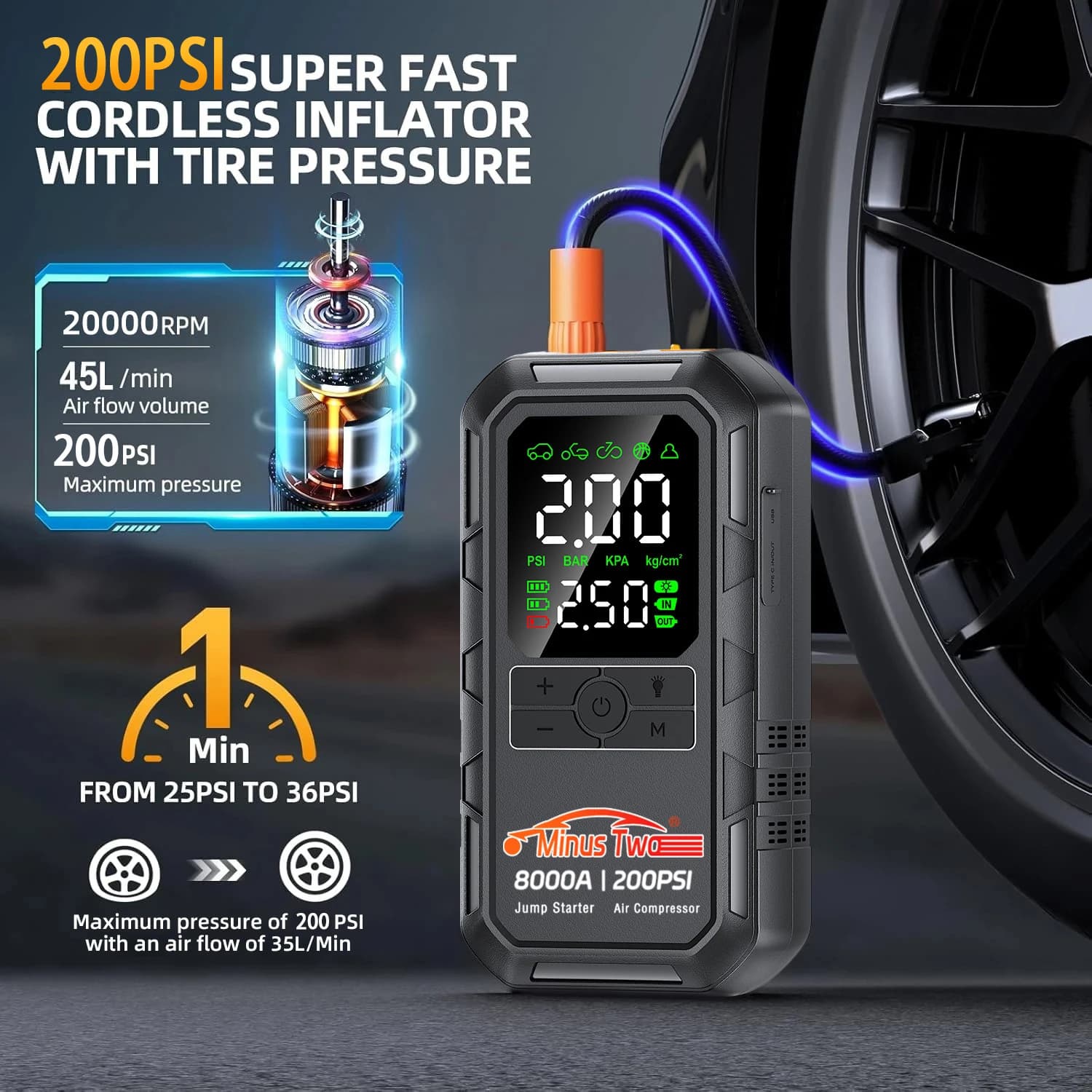 Avviatore di Emergenza Tutto-in-Uno Minus Two 8000A | Gonfiatore per Pneumatici Ultra-Veloce 200PSI | Avviatore di Emergenza Portatile 12V con Display Digitale