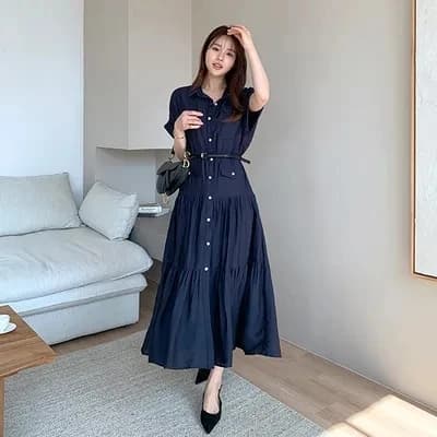 Elegant Long Dress with Belt And Flared Skirt Design Summer Slimming Style Tie Waist Design Chic Collar for Women