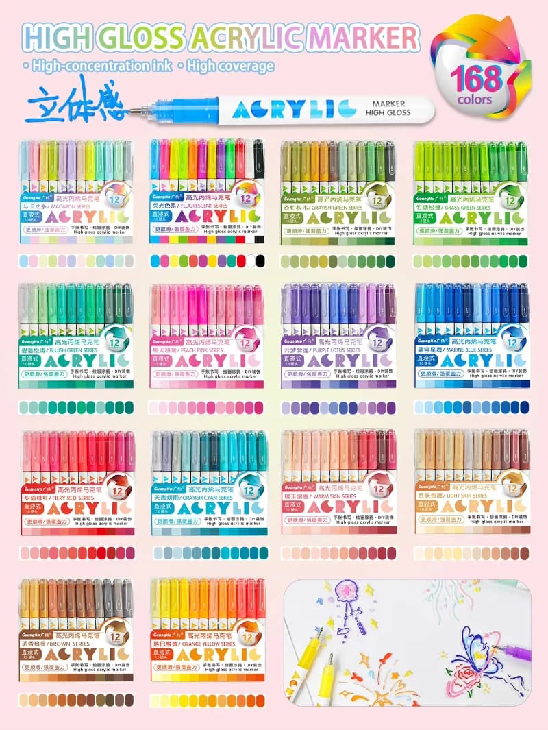GuangNa 168/12 Colors High Gloss Acrylic Marker Pen Set,Hard Headed Drawing Pens,DIY Graffiti Paint Pen Stationery,GN.586