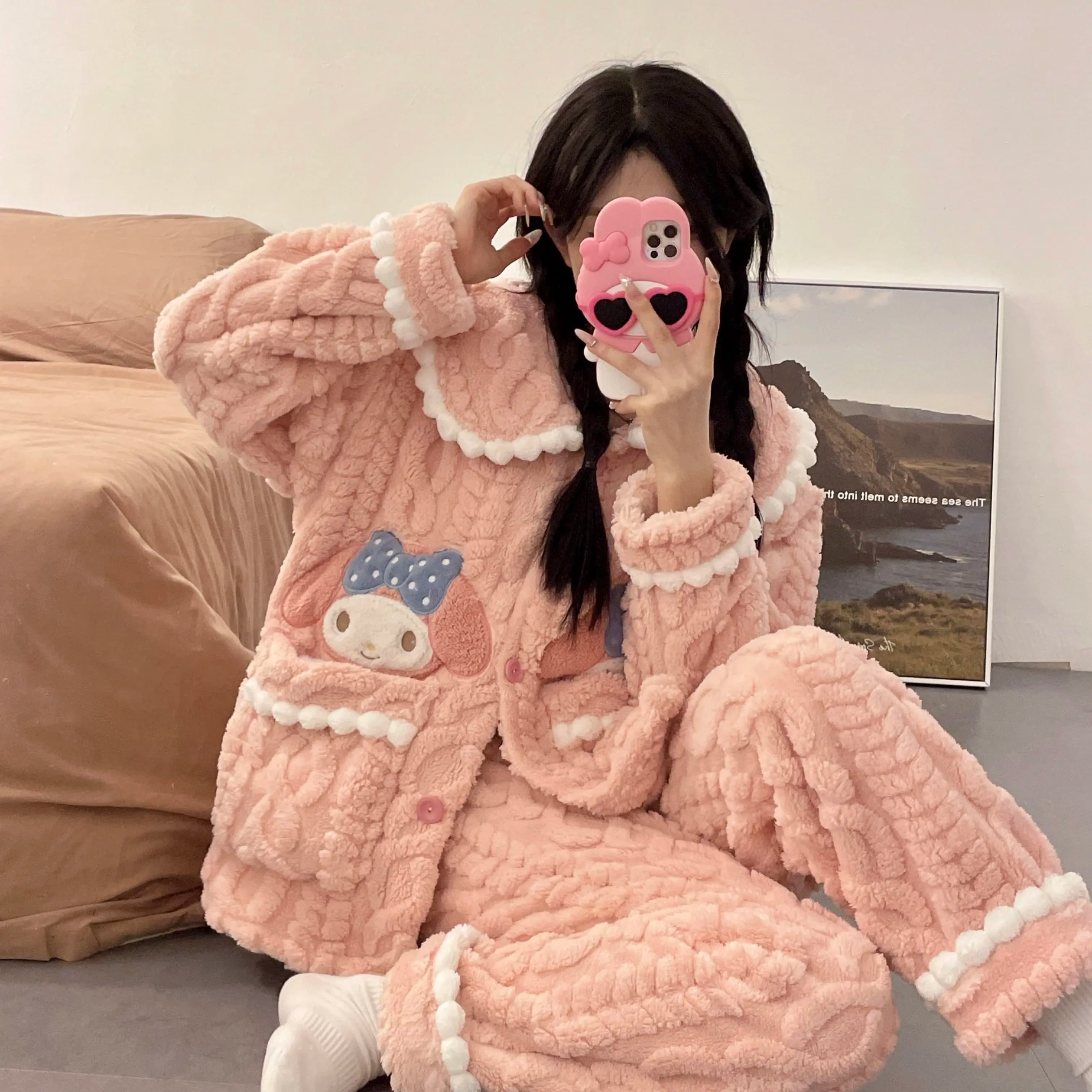 Sanrio Cartoon My Melody Cinnamoroll Pajamas Women's Autumn Winter Thicken Flannel Cute Kuromi Loungewear Warm Home Clothes Suit