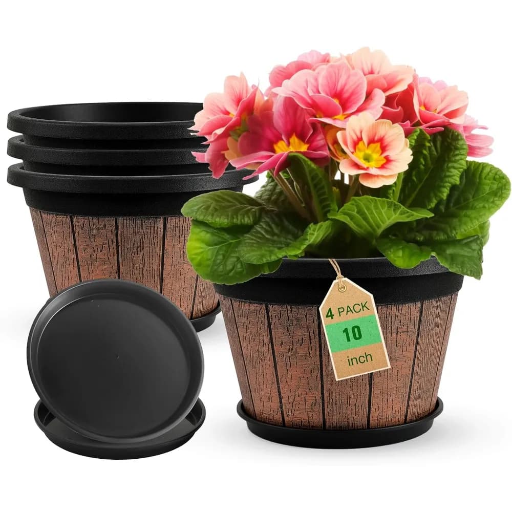 Quarut Confezione da 4 vasi per piante da 10 pollici, fioriere a botte di whisky di aggiornamento con fori di drenaggio e piattino, vasi da fiori con decorazione in plastica ret
