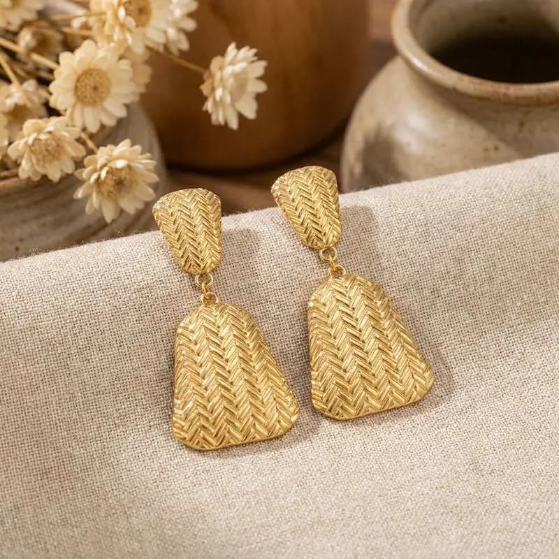 Vintage Fishbone Pattern Double Layer Drop Earrings Vacuum gold-plated stainless steel geometric earrings Women's Unique Vintage