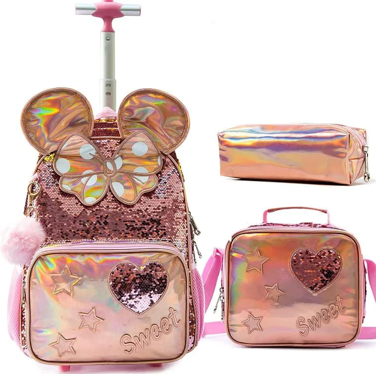 Travel bag School Trolley Bag with Lunch Bag Pencil Case set Girls School Rolling Backpack set School Wheeled Backpack For Girls