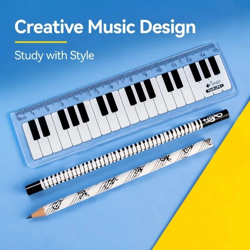 6Pcs 6-Piece Set Music Stationery Set Pencil Bag Bill Organizer Note Pouch Music Theme School Supplies Ruler Pencil Eraser