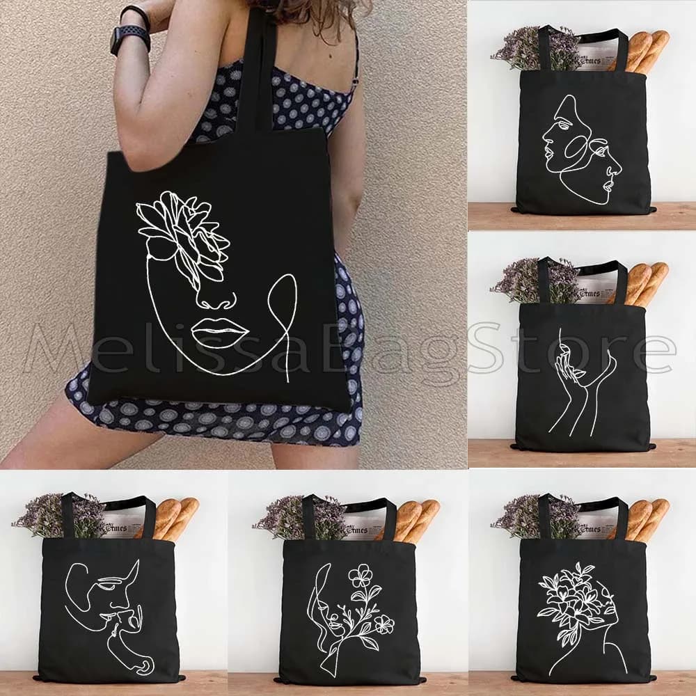 Abstract Artistic Poster of a Line Floral Girl Face with Pink Head Drawings A Line Couple Minimalis Canvas Tote Bag