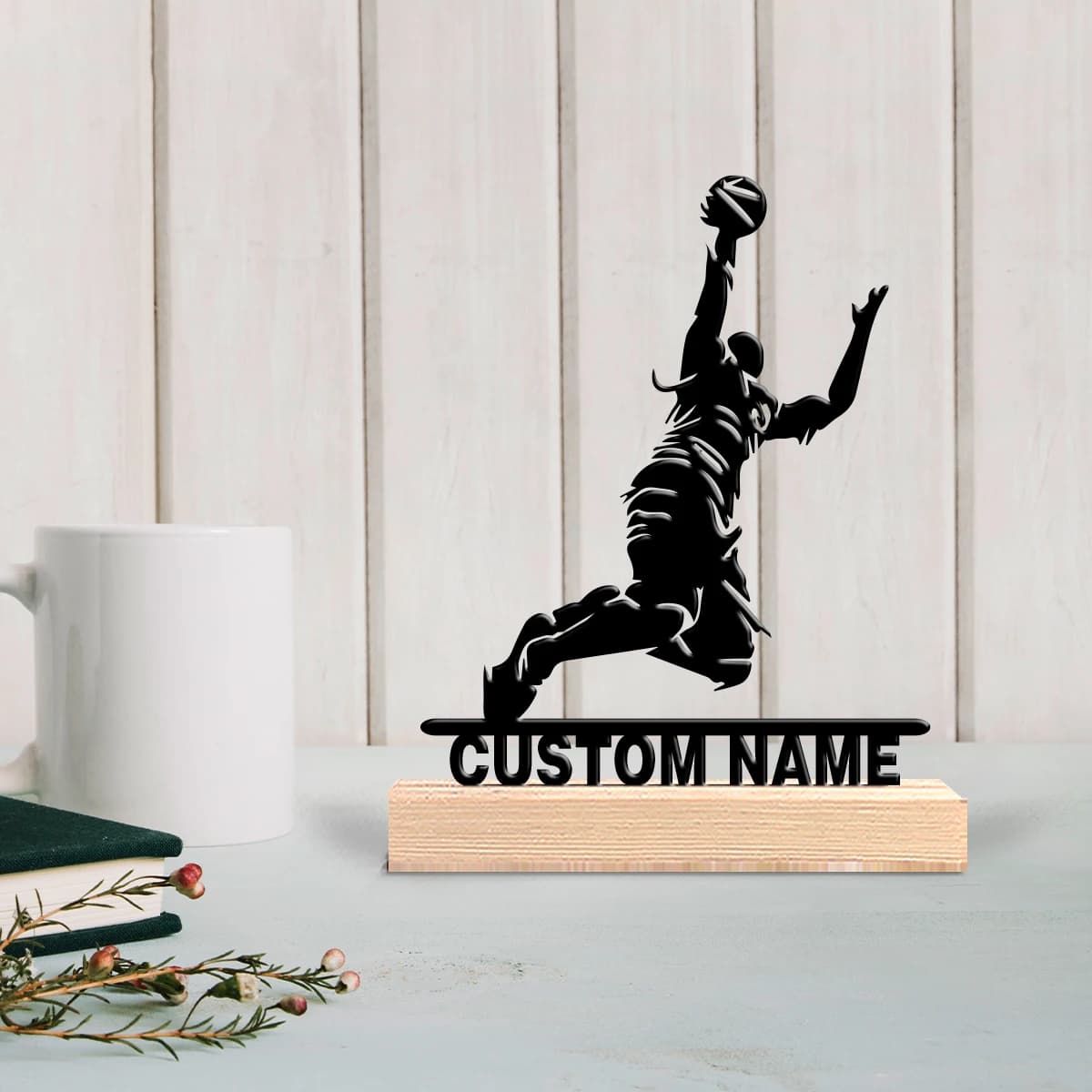 Decorazione da Tavolo in Metallo Personalizzata con Base in Legno, Tema Basket, per Arredamento Soggiorno