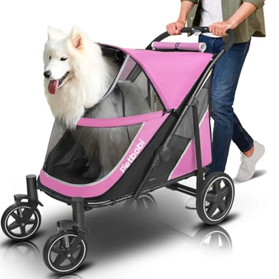 Passeggino per Cani di Taglia Grande e Media - Carrello Rosa All-Terrain con Rete Traspirante, Doppio Ingresso Facilmente Pieghevole, Freno a Un Piede, Ideale per