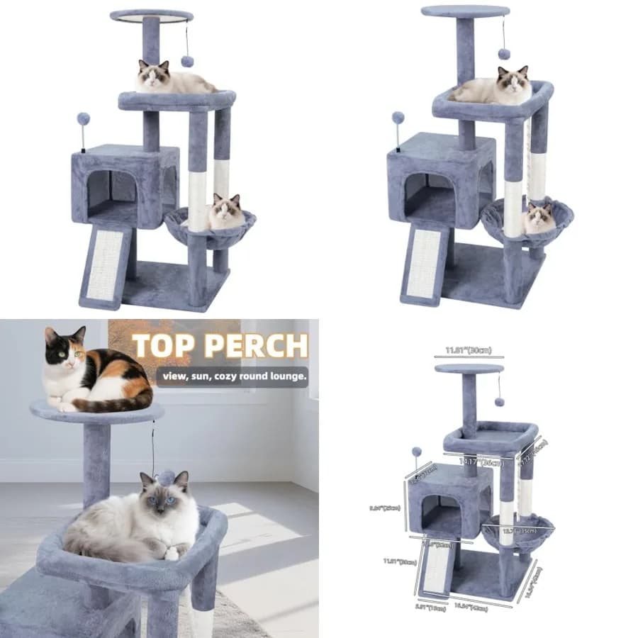Torre per Gatti All-in-One da 95 cm con Tiragraffi e Pali, Amaca Accogliente e Palline Giocattolo