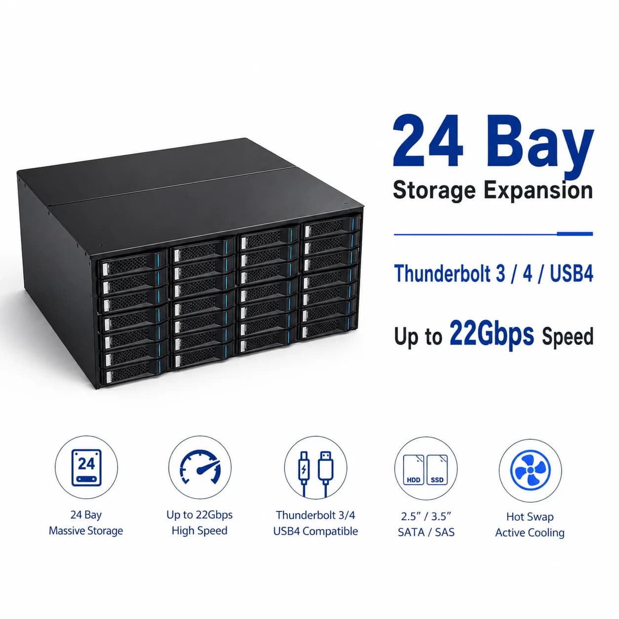 Enclosure di Espansione Storage Thunderbolt 3/4 a 24 Bay, 22Gbps JBOD DAS per Server NAS, per HDD SATA/SAS da 2.5/3.5 Pollici