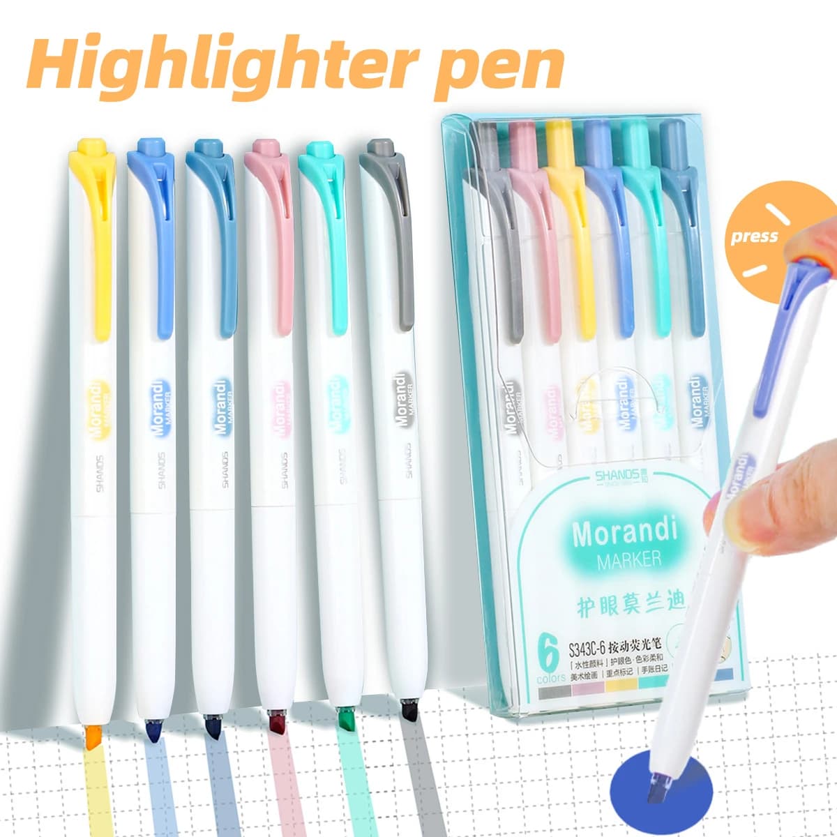 Set di 6 Evidenziatori Estetici Morandi Retrattili, Pennarelli Delicati per Scrapbooking, Diario, Cancelleria, Regalo, Scuola