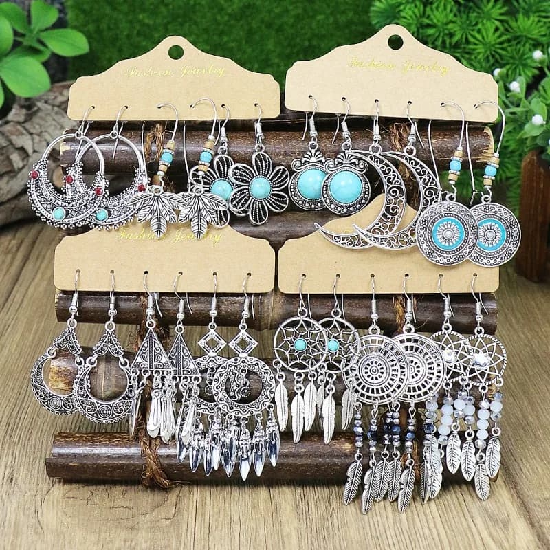Ethnic Vintage Earrings Set Bohemian Retro Alloy Geometry Hollow Dream Catcher Tassel Earrings Indian Jewelry 3 Pairs/set