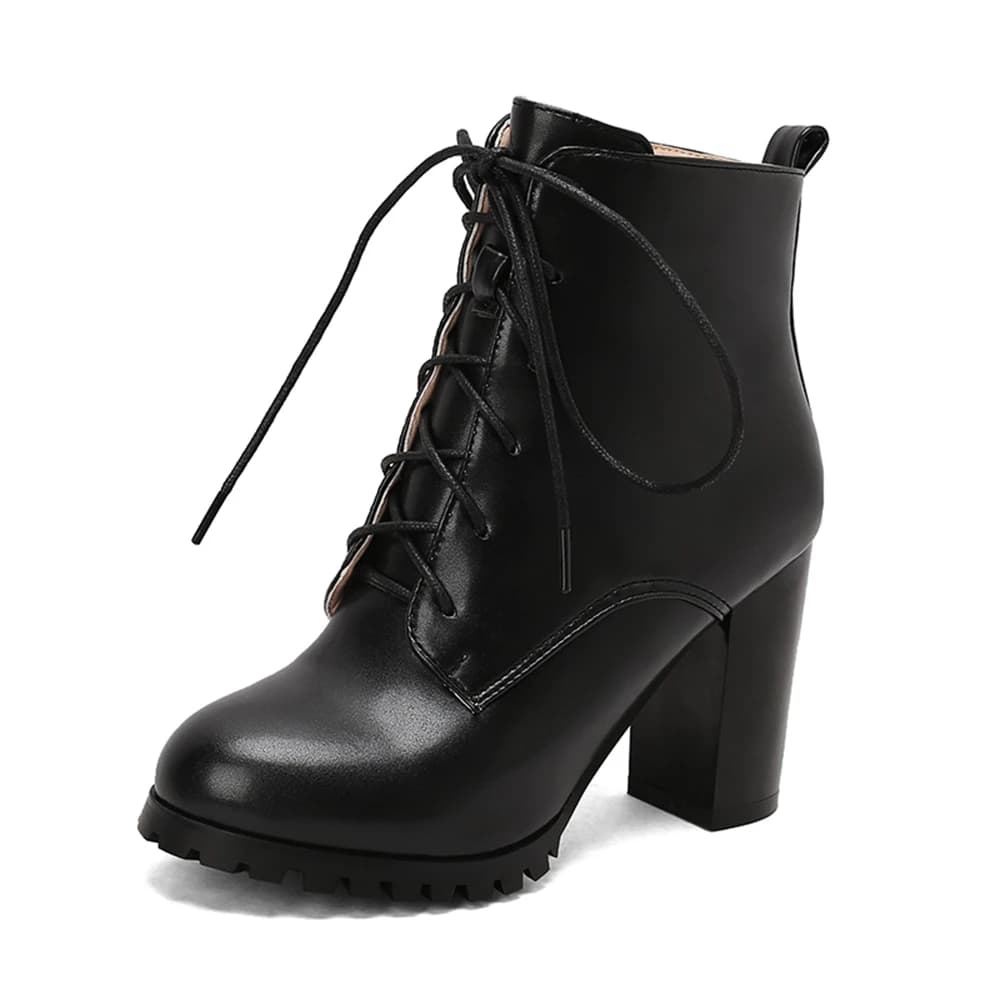 Designer Women Ankle Boots Elegant Lace Up Round Toe Square Heel Thick Soled Spring and Autumn High Heels Workwear Size 50 T3-12