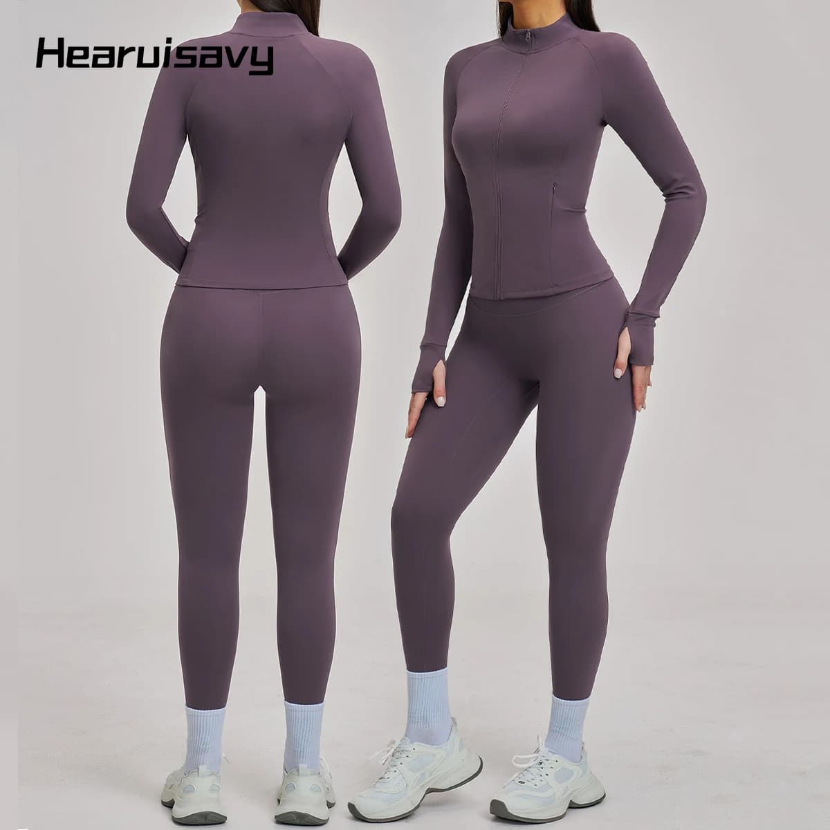 Completo sportivo Hearuisavy 2 pezzi da donna, giacca sportiva a maniche lunghe con zip e tasche, abbigliamento sportivo da palestra, pantaloni da yoga a vita alta per corsa.