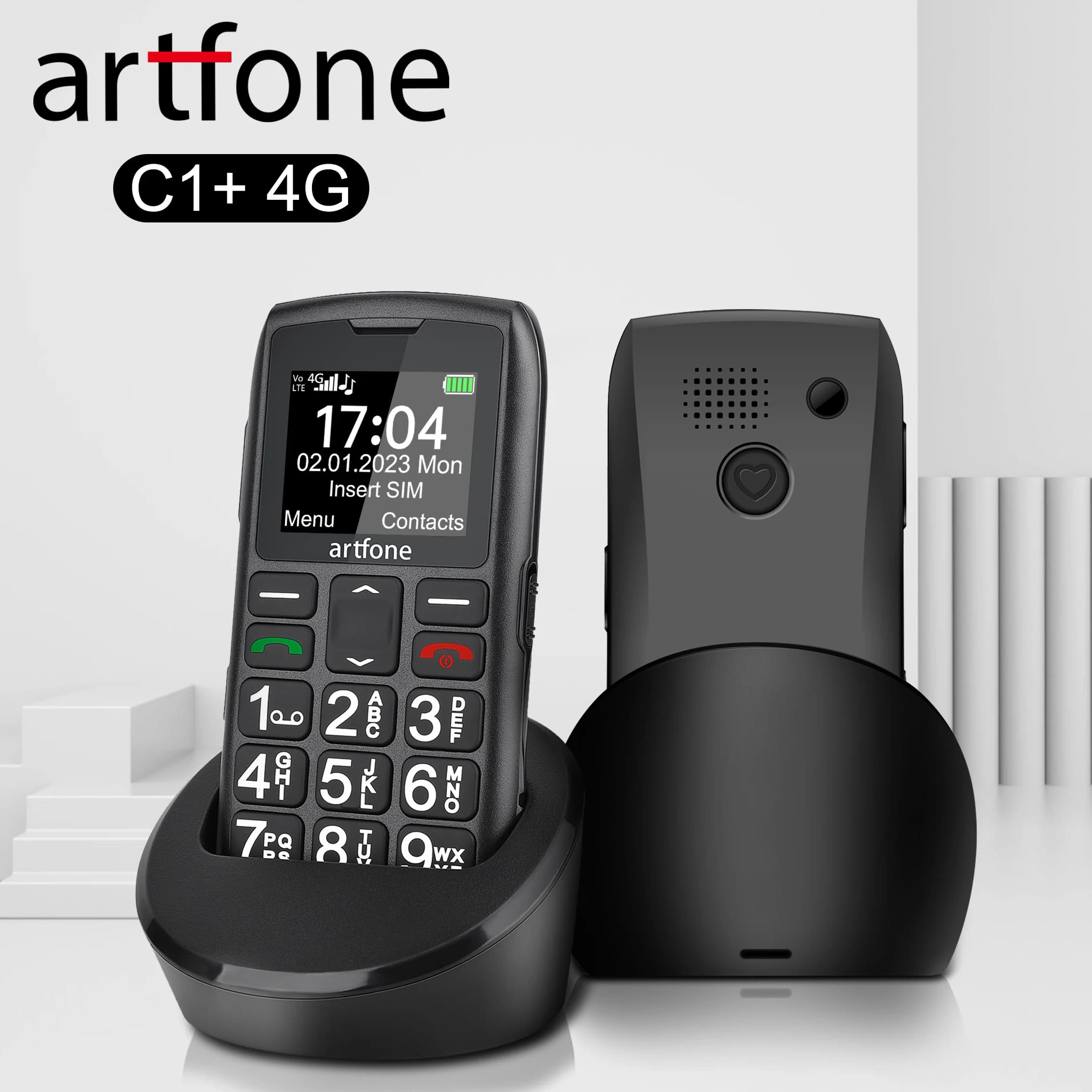 LTE 4G Senior Mobile Phone Artfone C1+ With Charging Dock Big Keypad For Elderly Single Sim One Key SOS FM 1400mAh Bar CellPhone