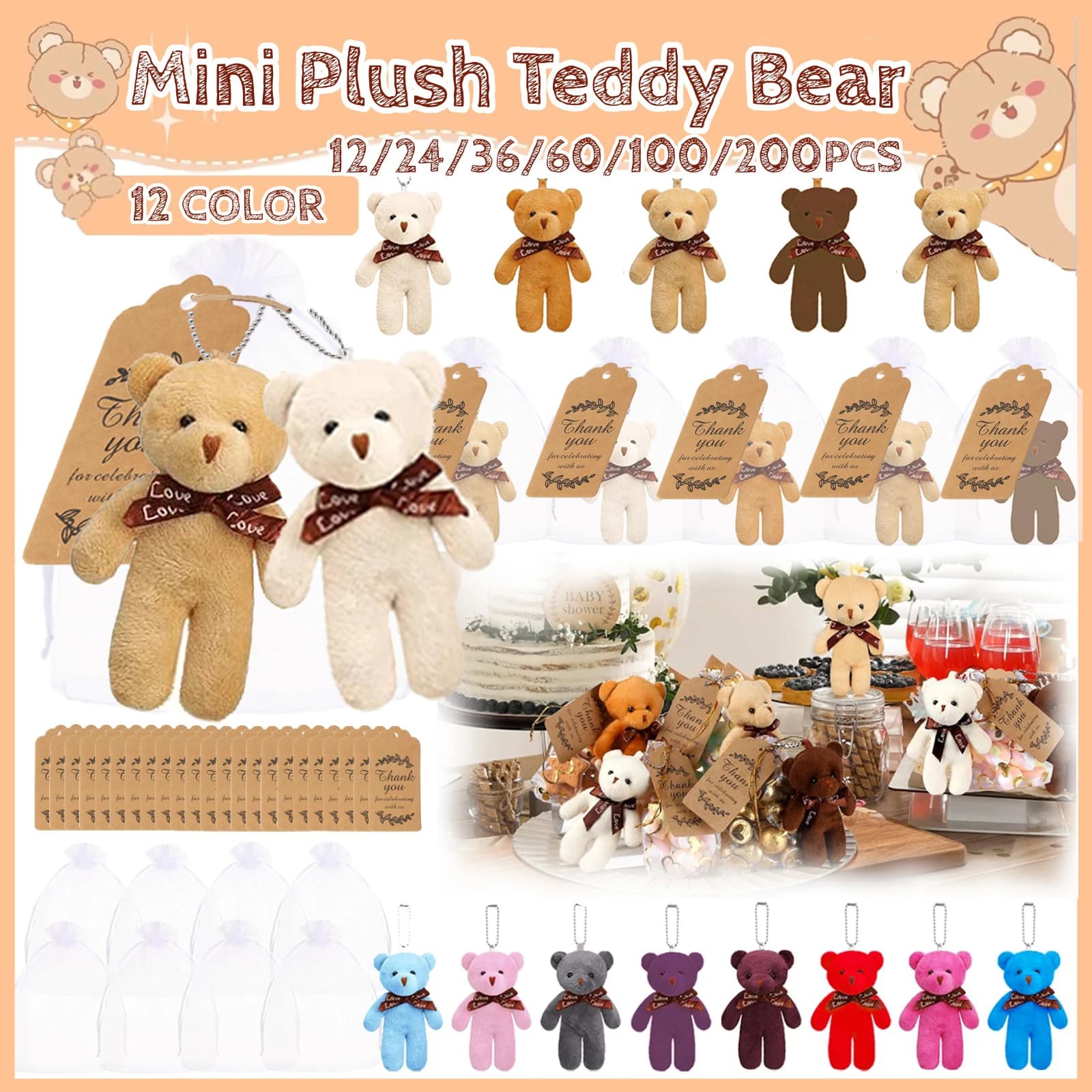 12-200 Pezzi Mini Orsacchiotti di Peluche per Baby Shower, Mini Orsetti Portachiavi, Regali di Compleanno, Bomboniere per Feste, Natale
