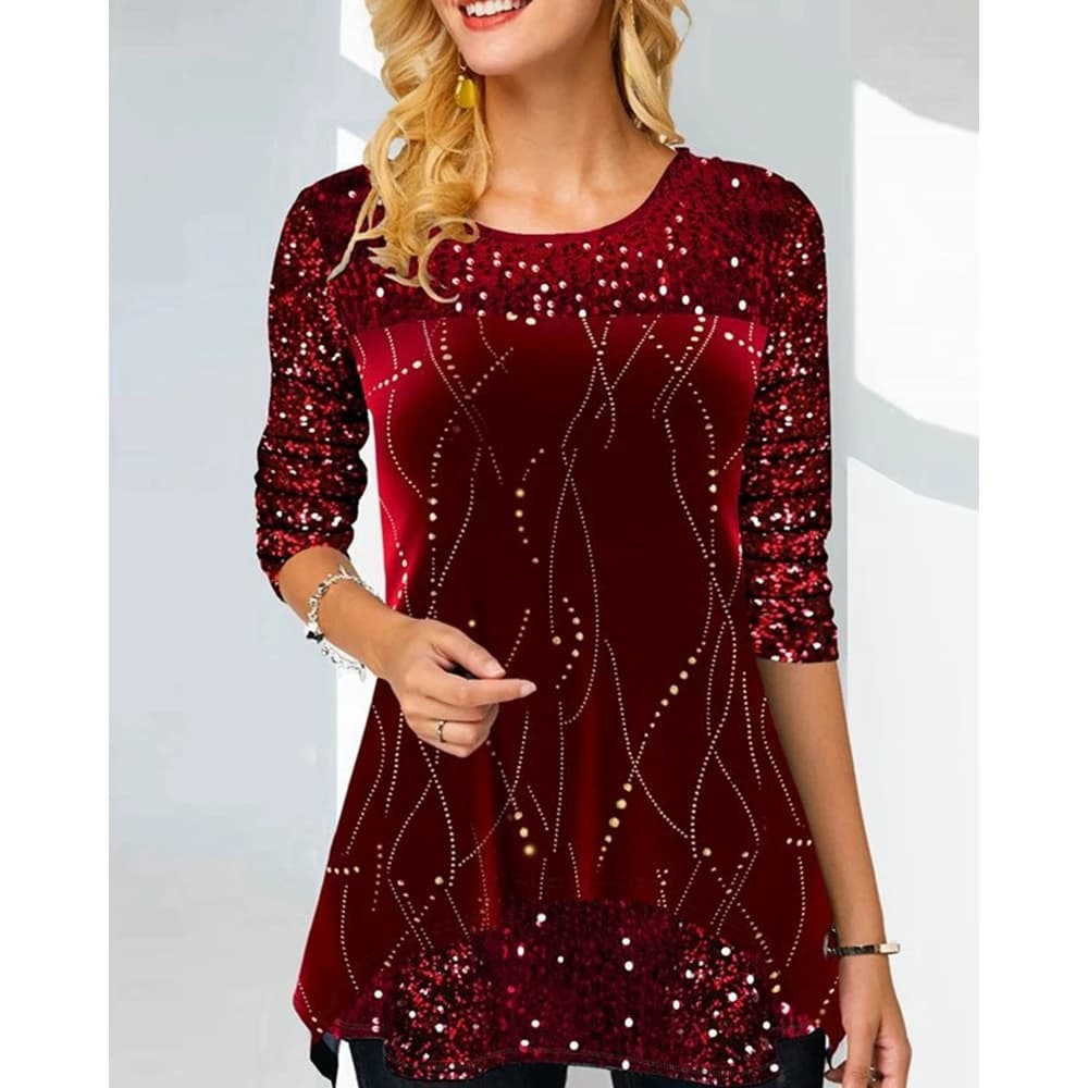 Long-sleeved shirt with long-sleeved design with contrasting sequins with Christmas fashion glittery print Casual women's shirts
