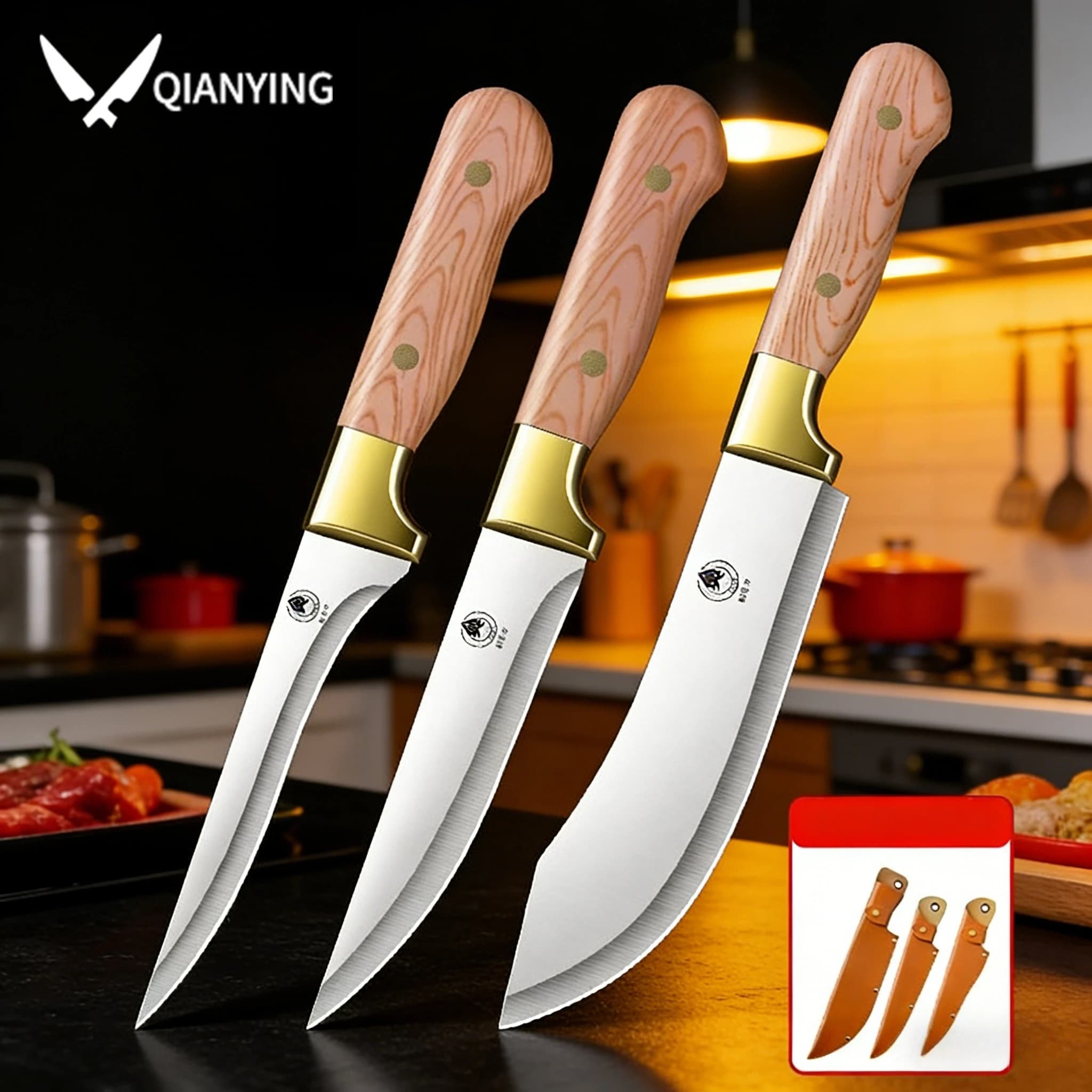 3-pieces Kitchen knife set Boning knife Sharp Stainless steel blade with Knife sleeve Multi-function Cutting Meat and Vegetables