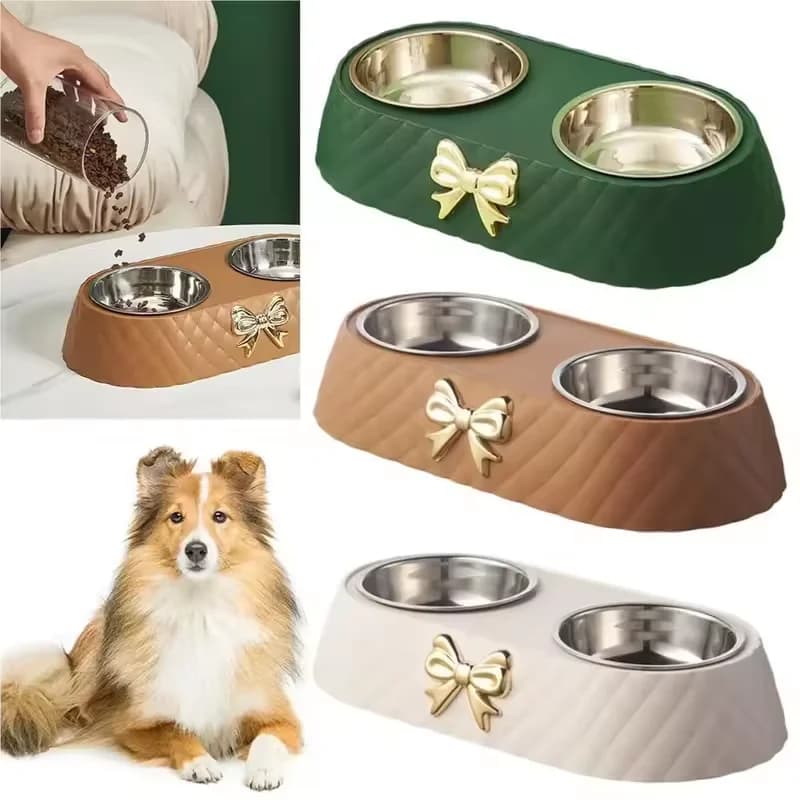 1PCS Pet Cat Food Bowl PP Base Bow-tie Bowknot Cat Feeder Stainless Steel Double Bowl Dog Food Feeding Drinking Container Pet Supplie