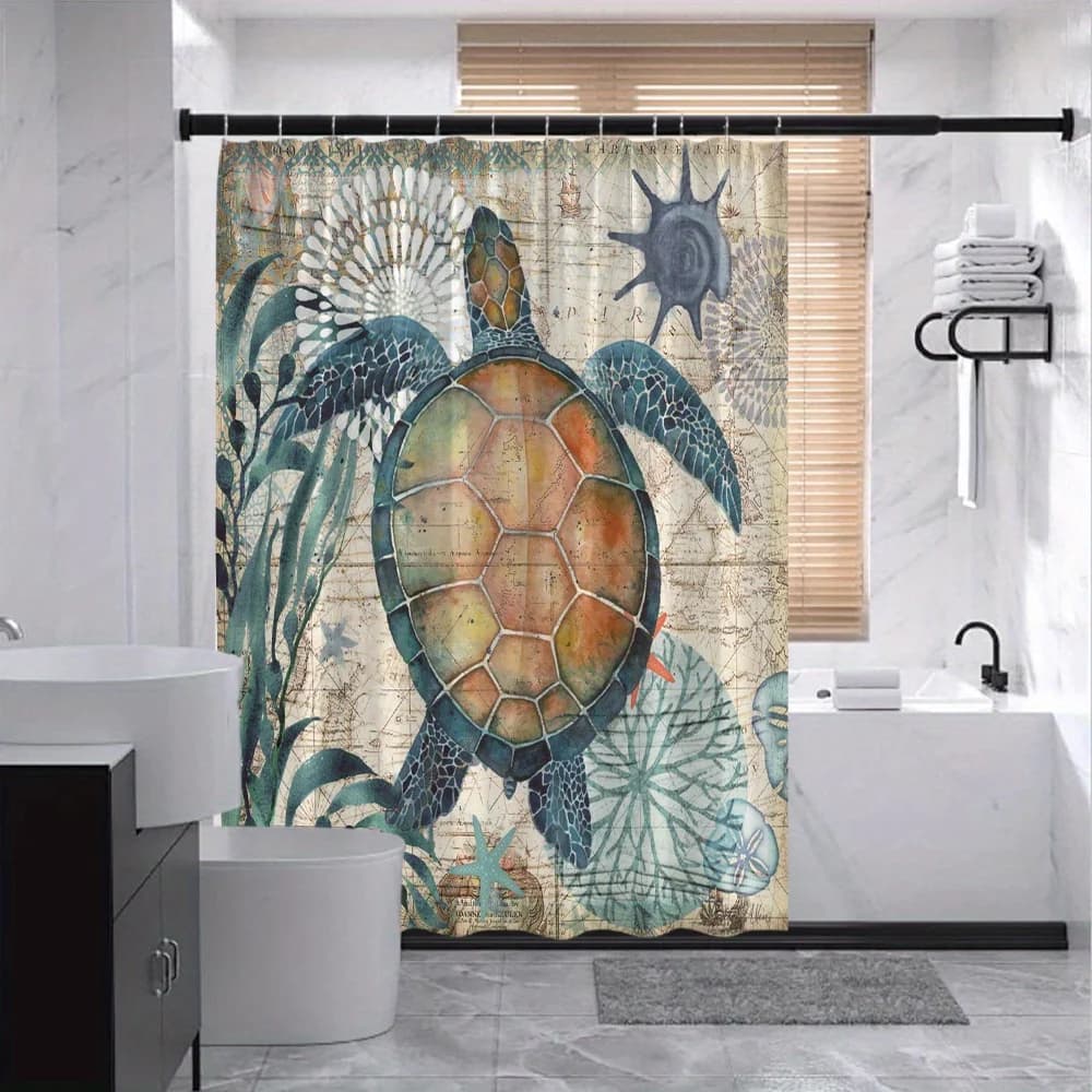 Tenda da doccia vintage con tartaruga marina - Mappa nautica e tema della vita dell'oceano per l'arredamento del bagno, aggiunge fascino costiero e spirito dell'avventura