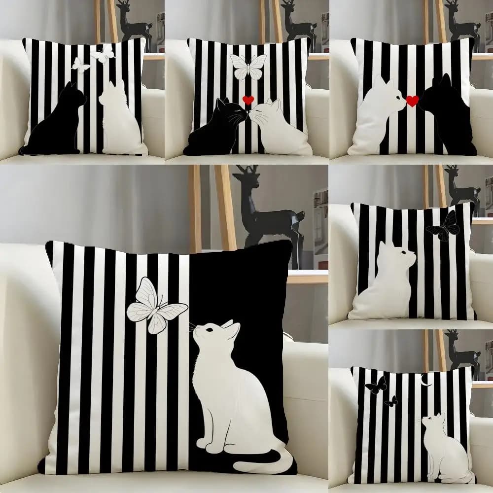 Cat And Butterfly Stripe Pattern Cushion Cover Natural Linen Pillow Case Organic Fabric Double Sided Print Sofa Home Decor Gift