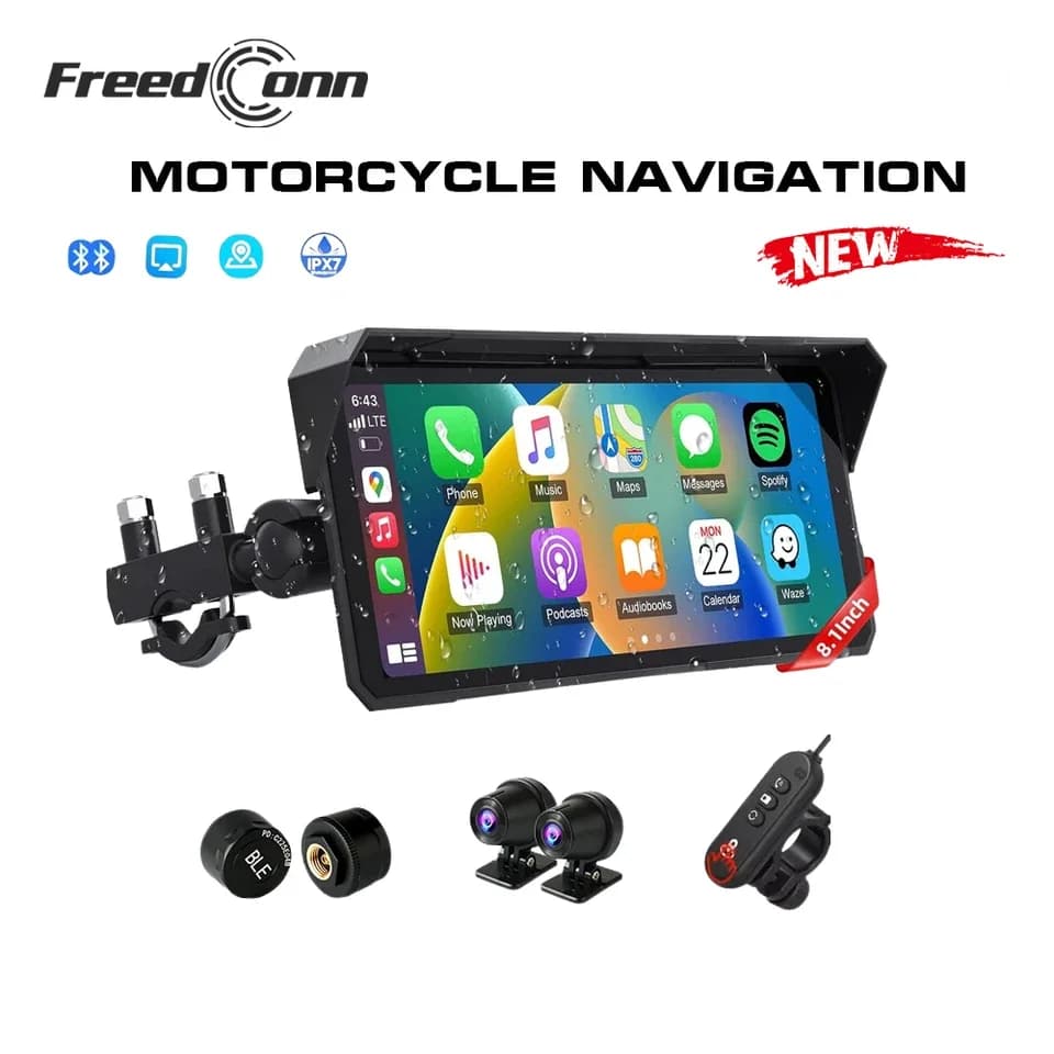 For Wireless Motorcycle Carplay Android Auto 8.1 Inch Screen 4K Dash Cam for GPS Navigation IPX7 Waterproof Display