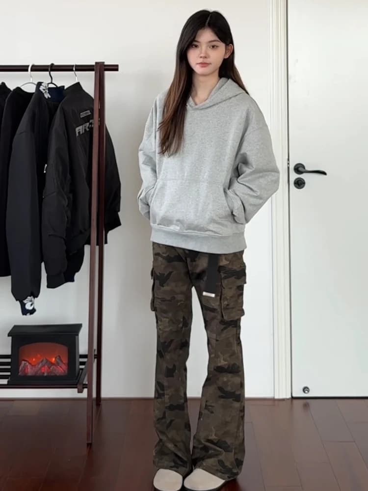 Trendy Camouflage Work Pants Men's Autumn Winter High Street Logging Flared Pants American Retro Vibe Jeans Boys