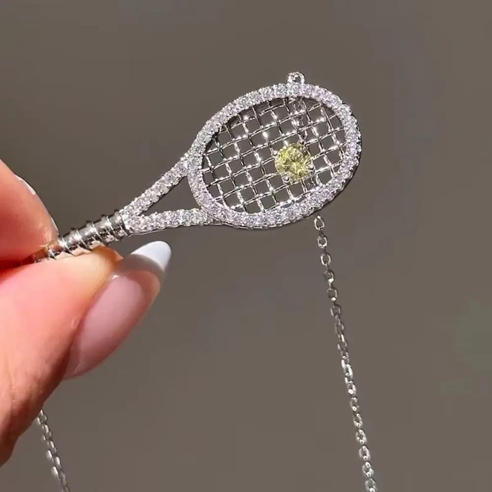 New Exquisite Tennis Racket Necklace Zirconia Metal With Diamonds Pendant Necklace Silver Color Sweater Chain Jewelry Gifts