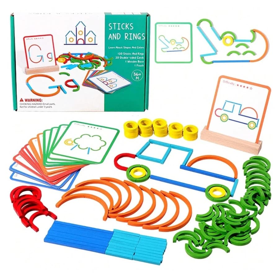 Giocattoli Montessori Forme di lettere mobili Giocattolo didattico Anelli e bastoncini geometrici in legno Blocchi Set Giocattoli educativi per i più piccoli