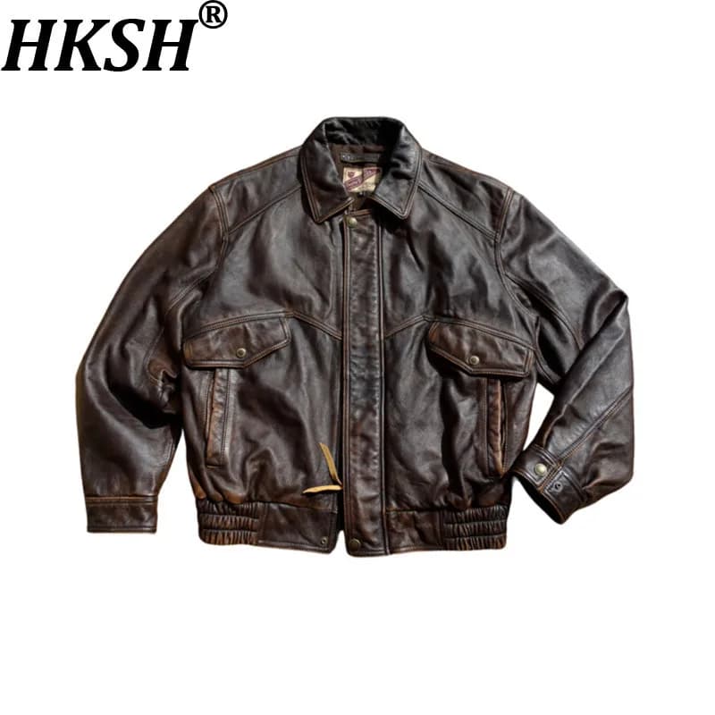 HKSH Spring Autumn New Men Classic Dark Top Layer Cowhide Jacket Vintage Distressed Turn-Down Collar Loose Leather Coats HK11892
