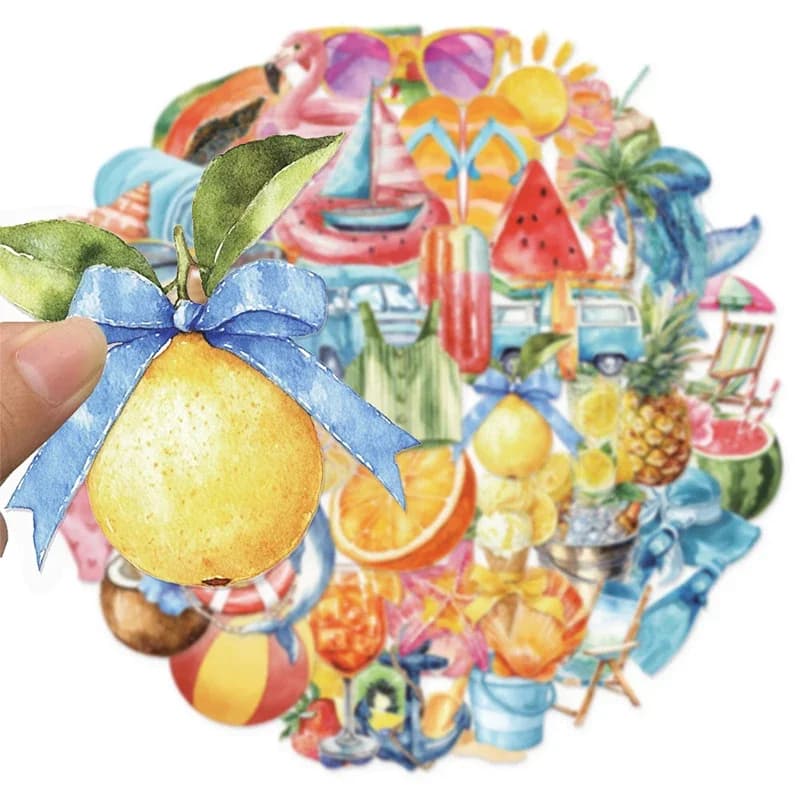 50 Stickers Summer Frescoes Waterproof in Vinyl, Colorful Decorations in Cartons Animated for Beach, Make by You, for Water Bottles and Laptop
