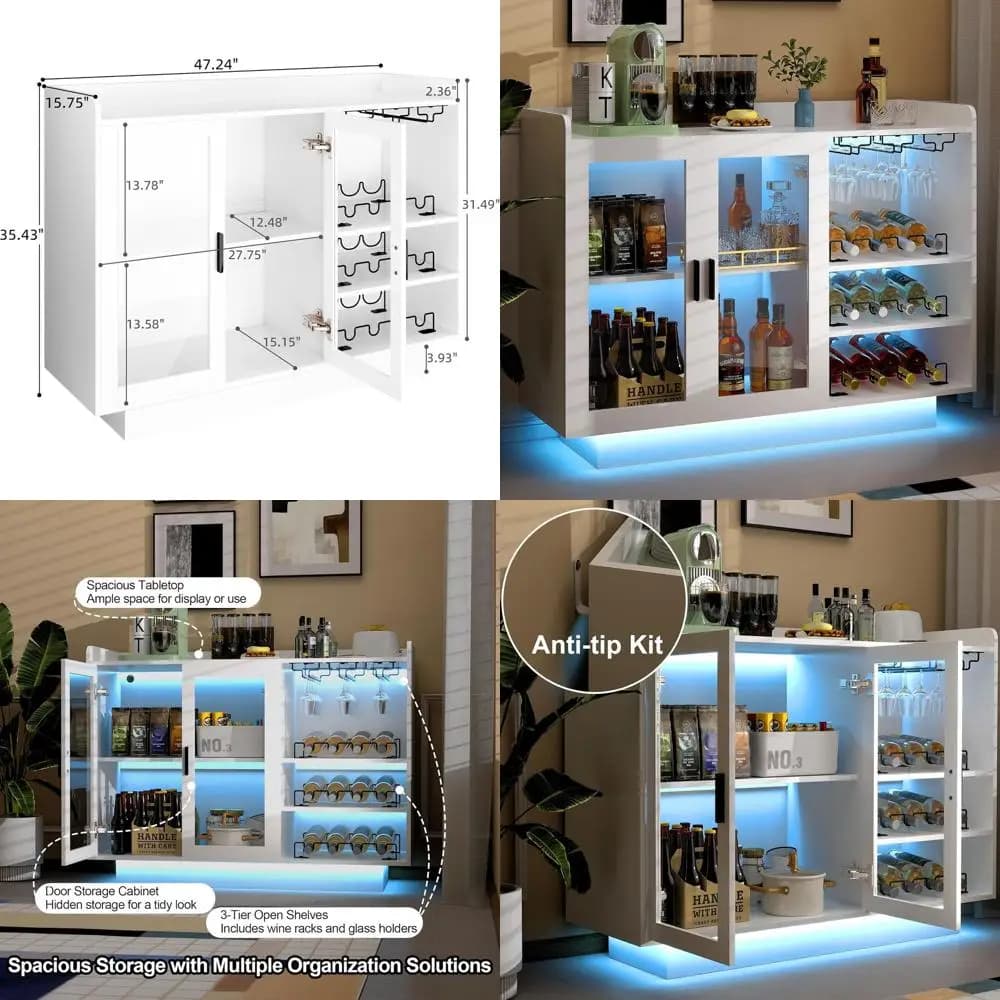 Mobile Bar Moderno Bianco 47 con Illuminazione LED, Ampio Spazio di Archiviazione, Portabottiglie e Portabicchieri per Casa, Cucina o Sala da Pranzo