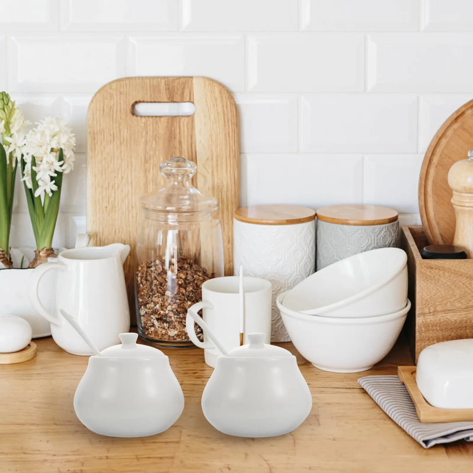 Set di 2 Barattoli Premium in Ceramica per Condimenti con Cucchiai, per Sale, Zucchero, Pepe, Uso Domestico, Ristorante e Buffet