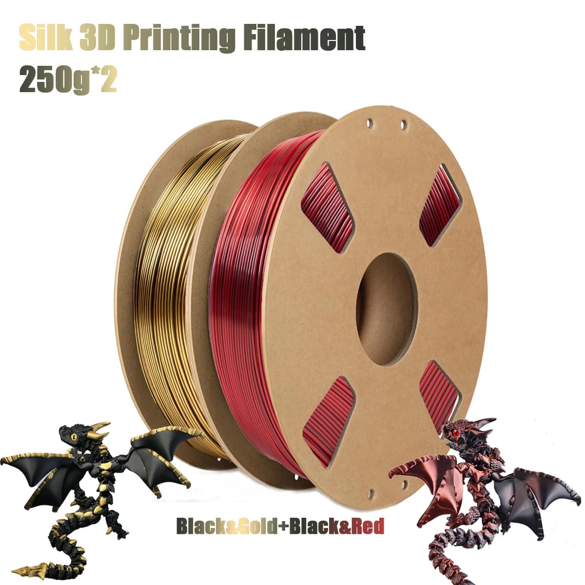 Filamento PLA Bicolore Effetto Seta 1.75mm ±0.02mm, Bobine da 200g/250g/500g/1000g, Nero Lucido e Oro