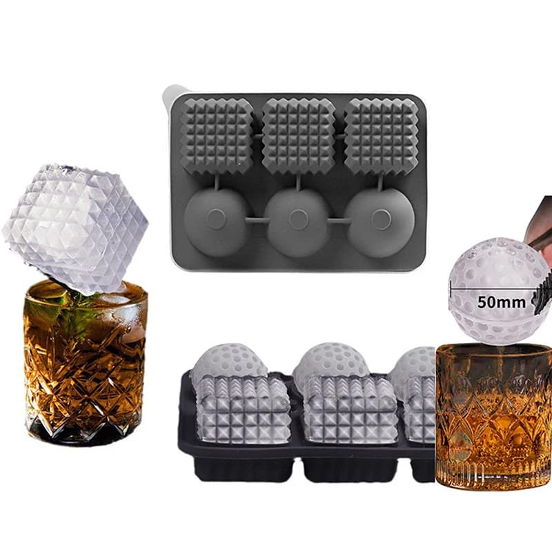 Vassoio per cubetti in silicone grande HUA HUA, 3 cubi di cristallo grandi e vassoio per ghiaccio da golf a 3 sfere, stampi per ghiaccio a sfera, stampo per cubetti con imbuto