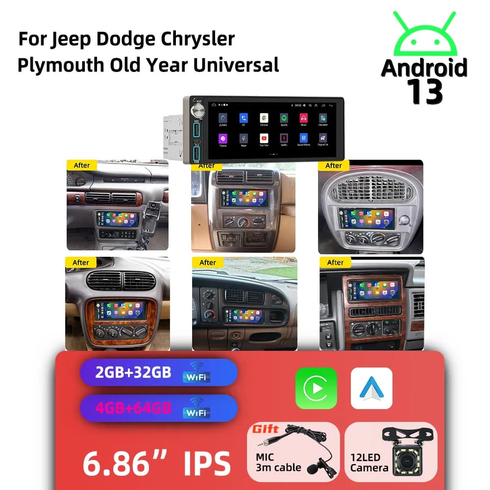 6.86" Carplay 1din Head Unit Android Car Radio for Jeep Dodge Chrysler Plymouth Old Year Universal Autoradio Multimedia Stereo