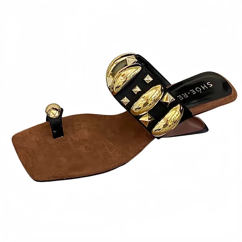 Black Chunky Heels Slippers Summer Wedge Sandals For Woman Gold Metal Decoration Designer Shoes Heels Thong Slippers 2026 Trend