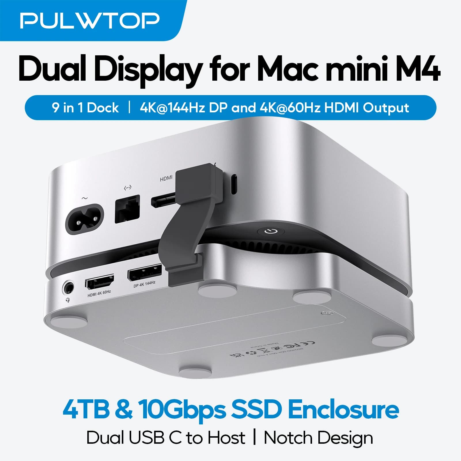 PULWTOP Mac Mini M4 dock support with DP 4K 144Hz and HDMI 4K60, Mac Mini M4 Pro hub with NVMe 4 TB SSD (SSD NOT included)