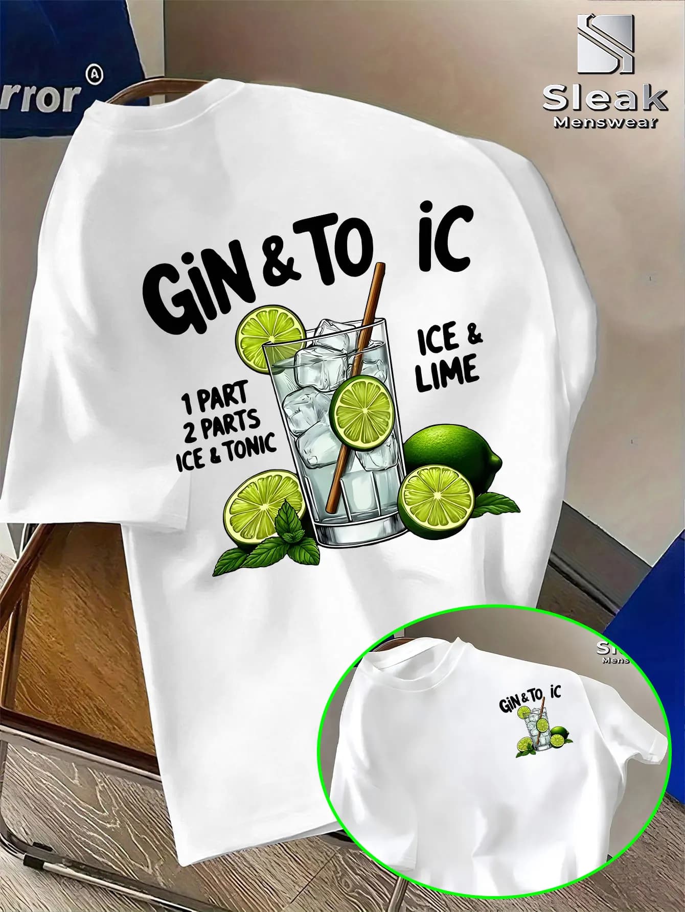 T-shirt a maniche corte da uomo con stampa di tendenza, grafica retrò street culture con rapporto Gin e Tonic, design totem rinfrescante, foglia di lime e menta