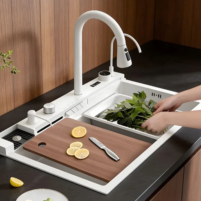 Multifunctional kitchen sink white cream with keys shaped piano keys, double track, free combination, cutter, drain basket and integrated tub