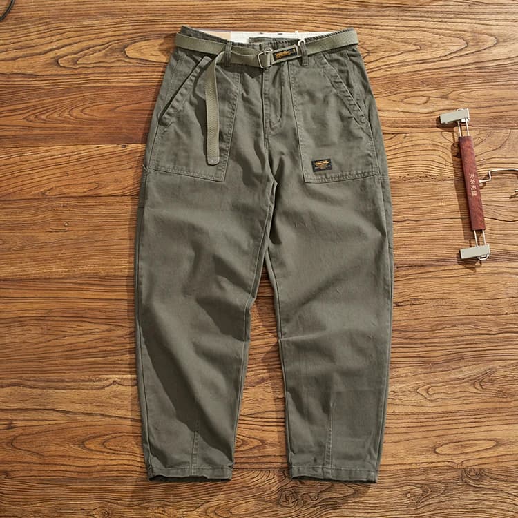 Spring New Japanese Retro Woven Cargo Pants Men's Simple 100% Cotton Washed Casual Loose Straight Tapered Trousers with Belt