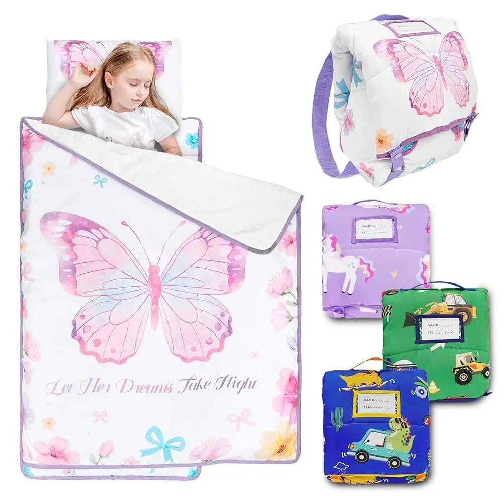 Tappetino per il riposo di bambini Primlect con cuscino rimovibile e coperta in flanella, sacco nanna portatile per bambini, facile da arrotolare, lavabile, P
