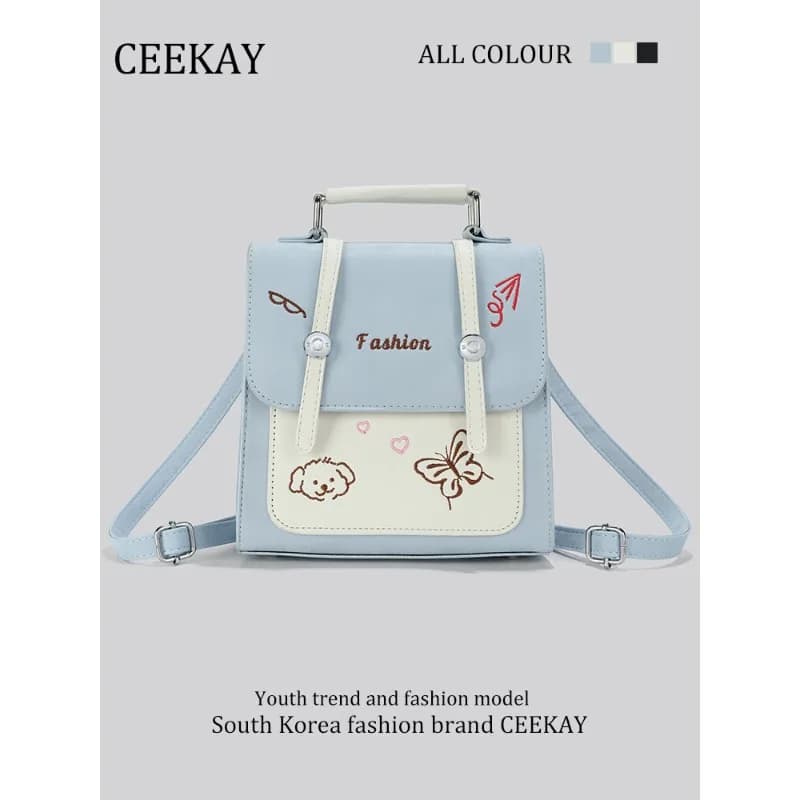 CEEKAY Elegante borsa a mano azzurra, borsa Cambridge in stile college con ricami, perfetta per l'uso quotidiano e come mini zaino per la scuola
