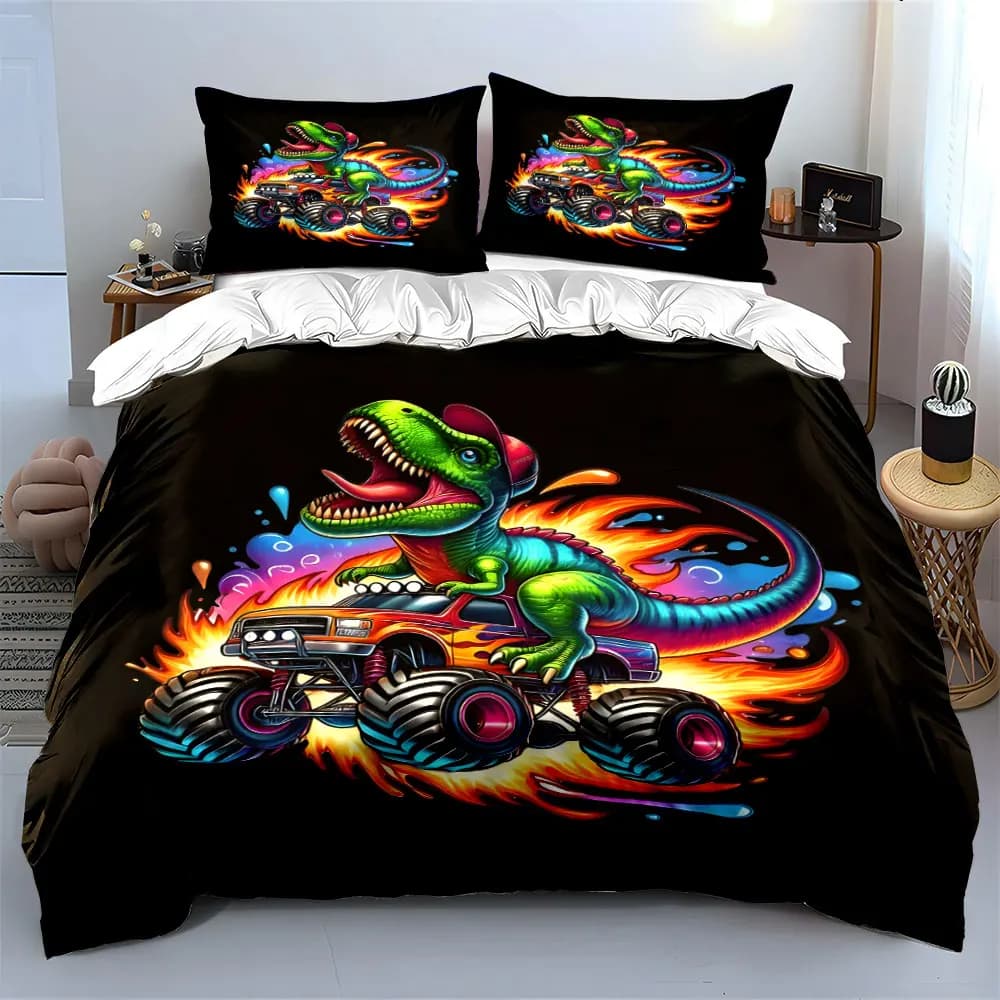 Set di biancheria da letto con stampa di dinosauri e monster truck, con 1 copripiumino e 2 federe, disponibile nelle misure singolo, doppio, king e queen, idea regalo