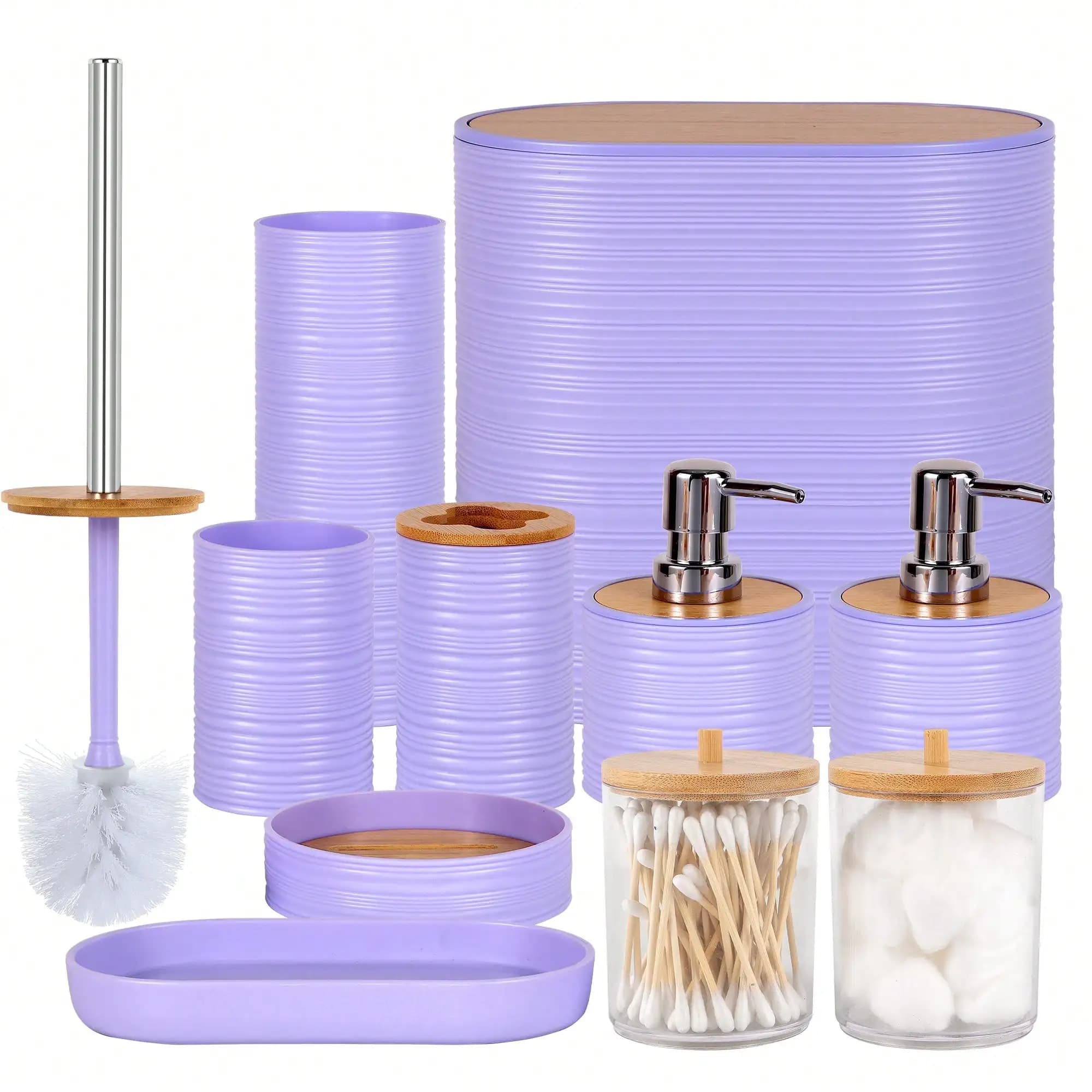 Set di accessori per il bagno, set di 10 accessori per il bagno, spazzola per WC, cestino, dispenser porta bastoncini per orecchie e dispenser sapone, per bagno