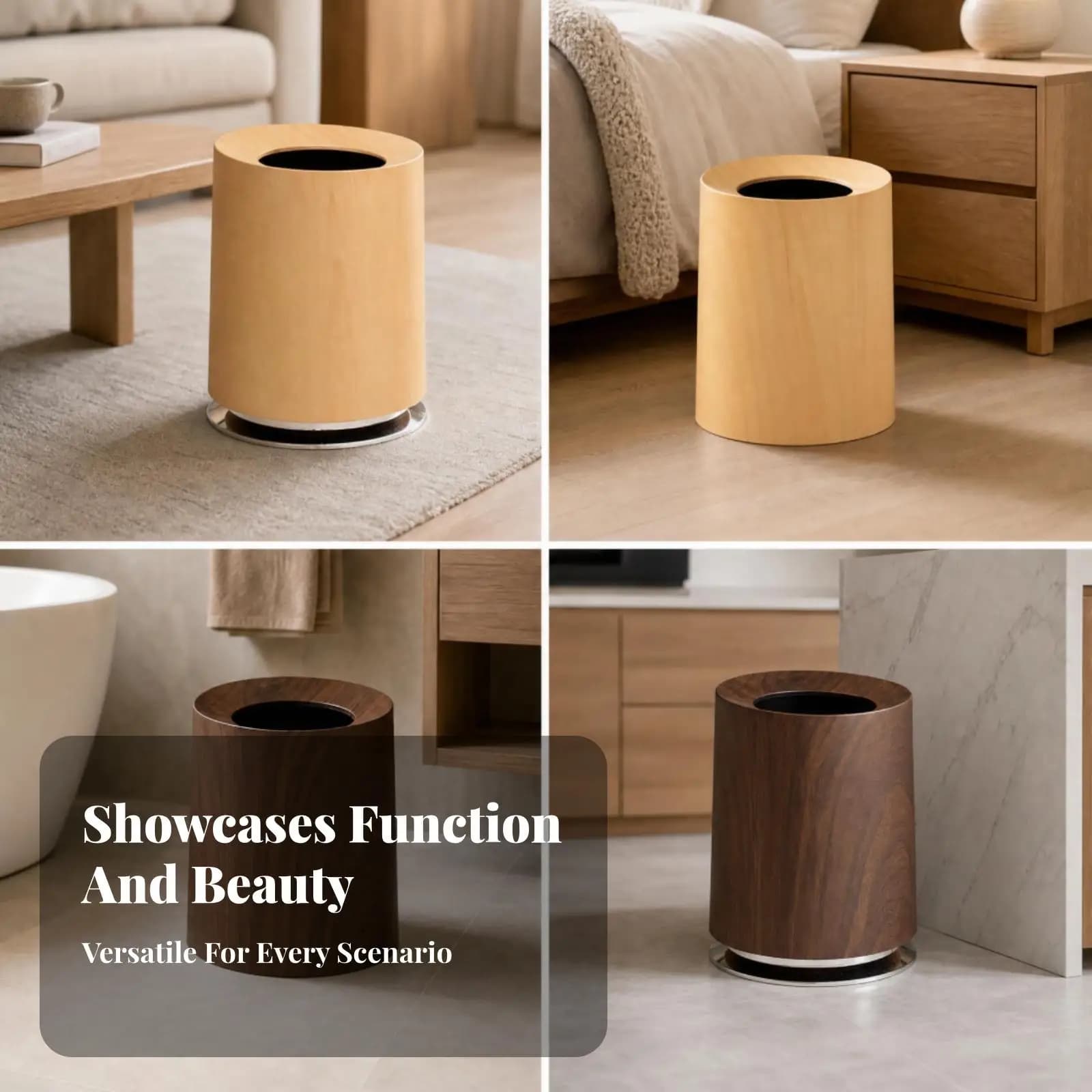 12L Wood Grain Trash Can Minimalist Cylindrical Waste Bin Open Top Decorative for Bathroom Bedroom Office Kitchen Home Decor