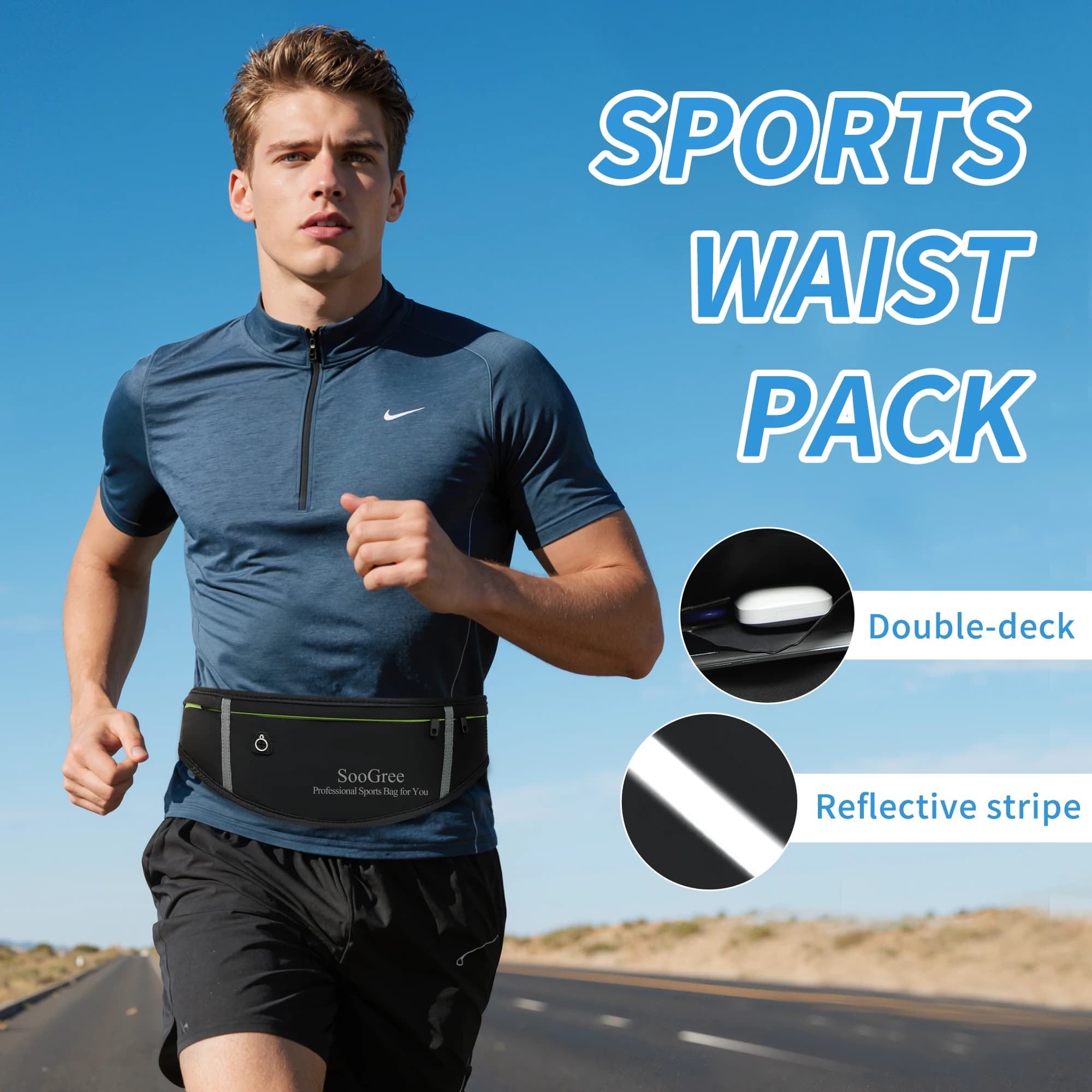 SooGree Men Women Slim Running Belt Fanny Pack,Zipper Waterproof Running Waist Pack,Ultra Light Reflective Phone Holder,Sport