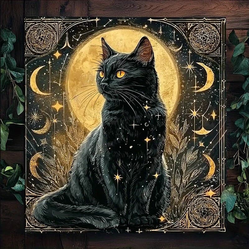 1 tovaglia per carte dei tarocchi con gatto nero misterioso - Design notte illuminata dalla luna con stelle e mezzaluna, ideale per la divinazione