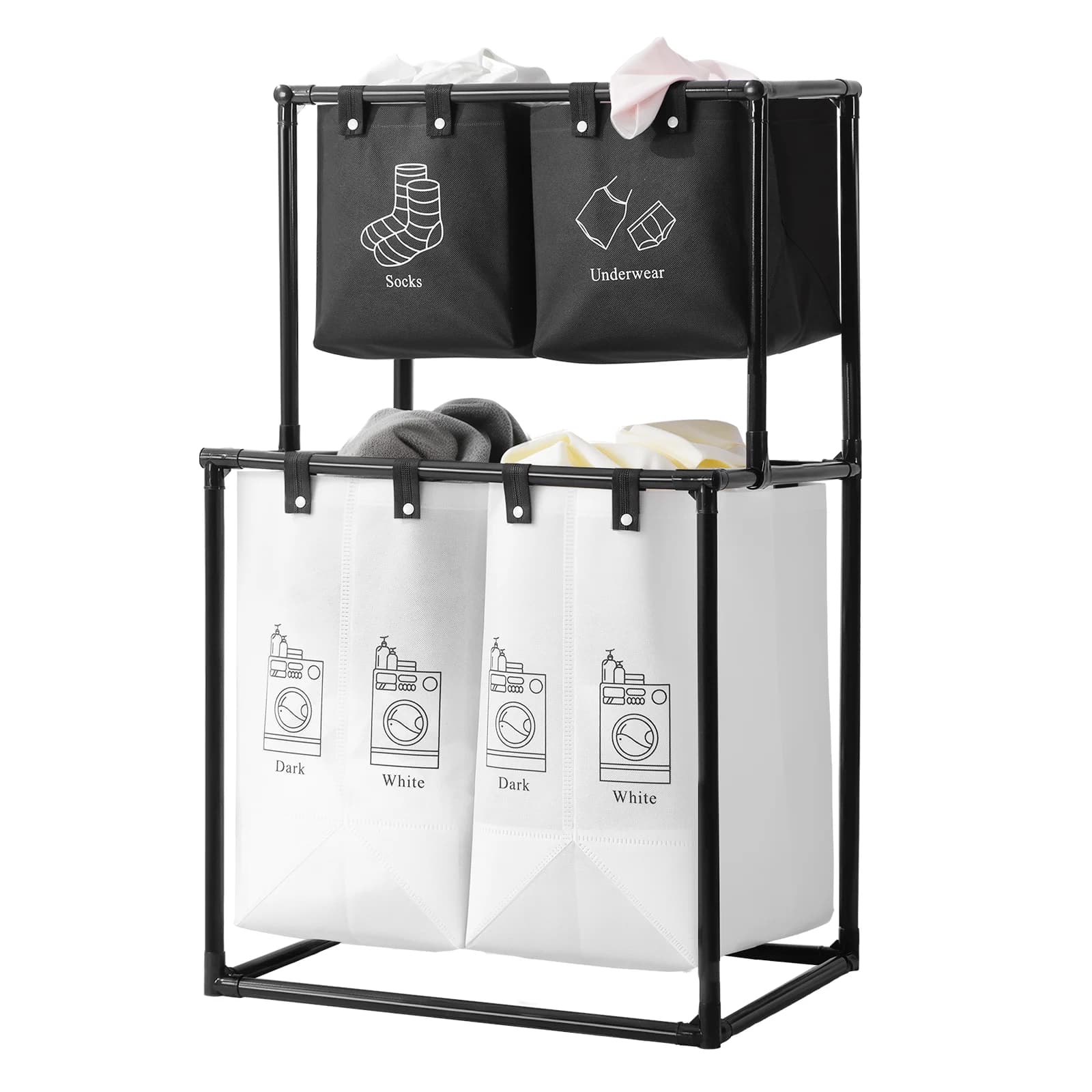 2 Level Folding Bucato Basket with 2 Parts | Space Saving Organizer with Metal Frame and Bags in Breathable Network for Home and Apartment